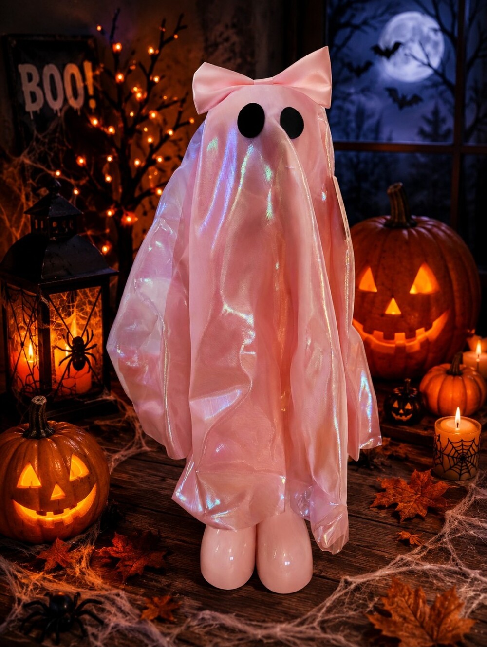 Ghost Figure With Iridescent Material And Cute Pink Shoes